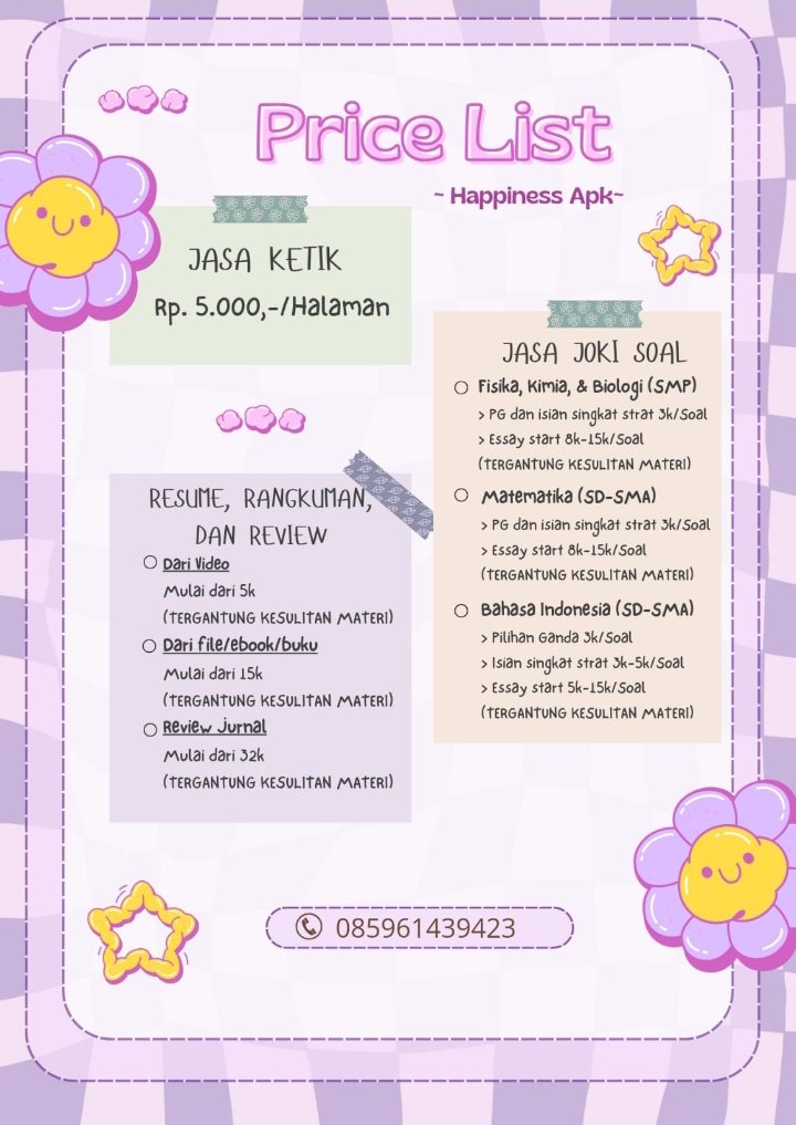 MyHappiness086's tweet photo. Aloo, guyss👋 yg butuh joki tugas langsung aja WA kami yaa😚 https://t.co/cbhJjdFs2p
Utk tugas matkul, kami memilah-milah sesuai bidang yg kami bisa kerjakan, jadi mohon maaf jika ada beberapa matkul yg blm bisa kami tangani🙏🤗
#jokitugas #zonauang #mapel #matkul https://t.co/S3EvdRI3Z3