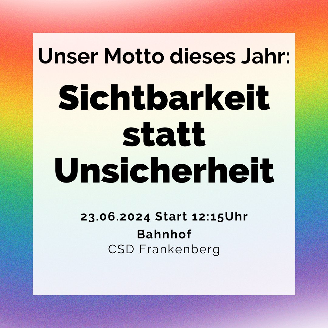 Unser diesjähriges Motto steht fest: Sichtbarkeit statt Unsicherheit 

#csdfrankenbergsa #csd #pridemonth #pride #queer #lgbtqiaplus