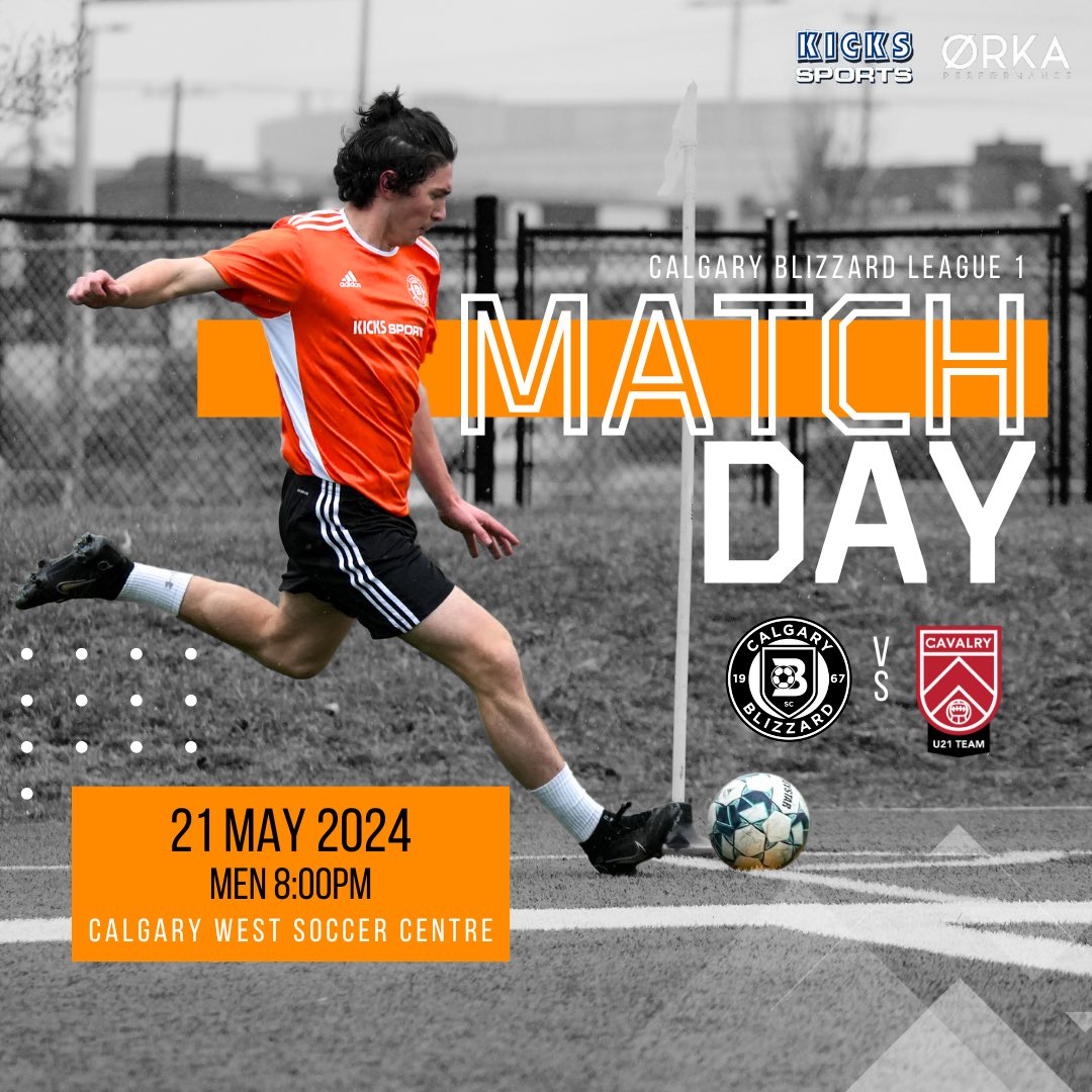 💥HOME•OPENER💥 
Match Day 2 for our Blizzard L1 men @league1alberta 🔥

🆚 @cplcavalryfc U21
🕛 8:00PM
🏟️ Calgary West Soccer Centre
👀 link in bio (Livestream)
🎟️ link in bio OR cash at the gate 
🍻@halfhitchbrewing
🌮@yycfoodtrucks

#CBSCLeague1AB #League1AB  #TheOrangeWay