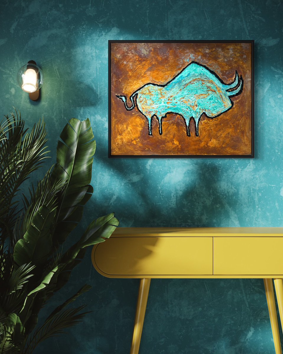 TheArtistZ's tweet photo. CAVE BULL oxidation painting - rust, patina &amp; crushed glass on canvas [available] https://t.co/RID5ahohEv