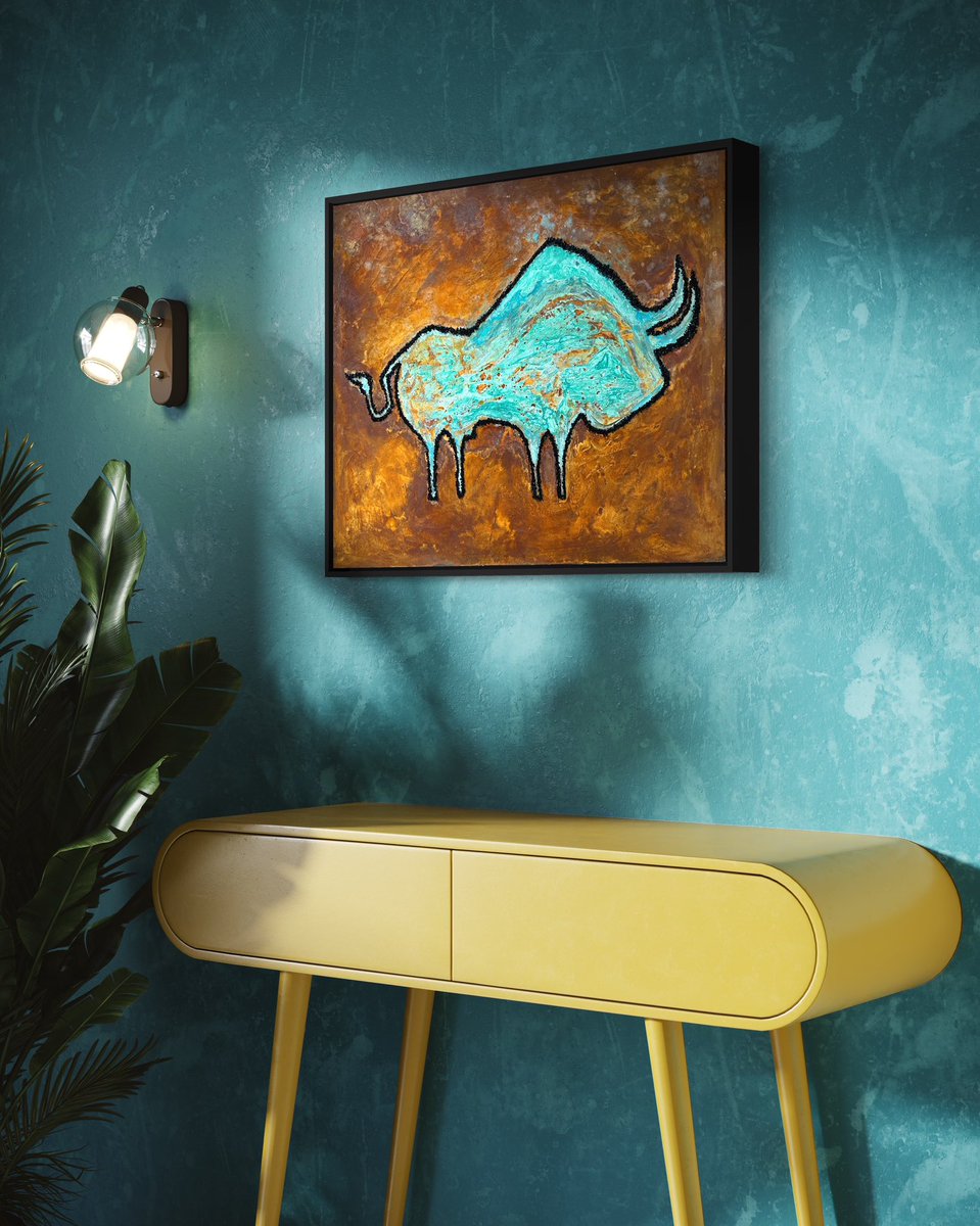 TheArtistZ's tweet photo. CAVE BULL oxidation painting - rust, patina &amp; crushed glass on canvas [available] https://t.co/RID5ahohEv