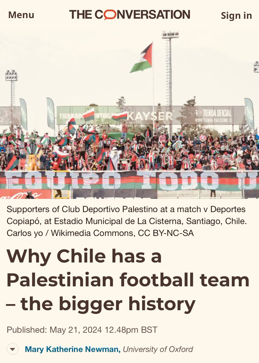 ⚽️🇵🇸 Nota de @maryknewman para @ConversationUK sobre la historia del Club Deportivo Palestino en 🇨🇱 (fundado en Santiago en 1916). Asimismo, Chile es el país que acoge la diáspora palestina más grande en el mundo 🌍 Link: theconversation.com/why-chile-has-…
