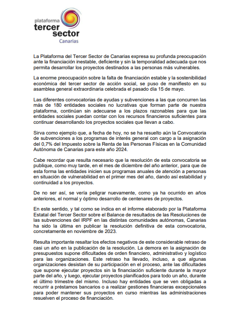eccasocial's tweet photo. 📢Como parte de la #PlataformadelTercerSector de #Canarias nos unimos a este llamamiento.  
Expresamos la preocupación por la financiación inestable, deficiente y sin temporalidad por parte de la administración que permita desarrollar proyectos  destinados a personas vulnerables. https://t.co/1M4Woy9bPK