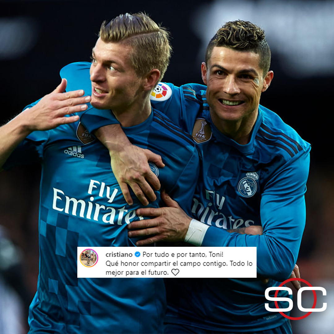 "POR TODO Y POR TANTO". El mensaje de Cristiano Ronaldo para su excompañero Toni Kroos tras el anuncio del retiro del volante alemán.