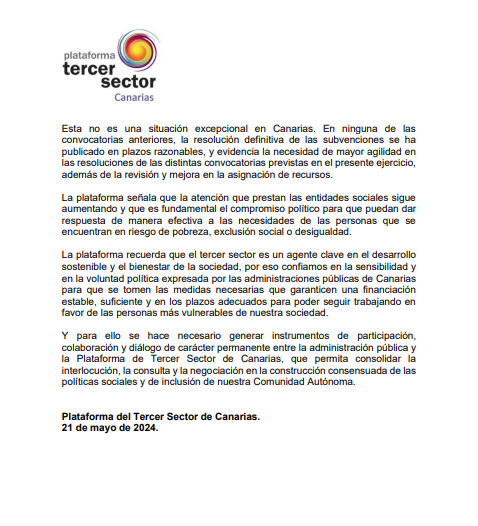 📢Como parte de la #PlataformadelTercerSector de #Canarias nos unimos a este llamamiento.  
Expresamos la preocupación por la financiación inestable, deficiente y sin temporalidad por parte de la administración que permita desarrollar proyectos  destinados a personas vulnerables.