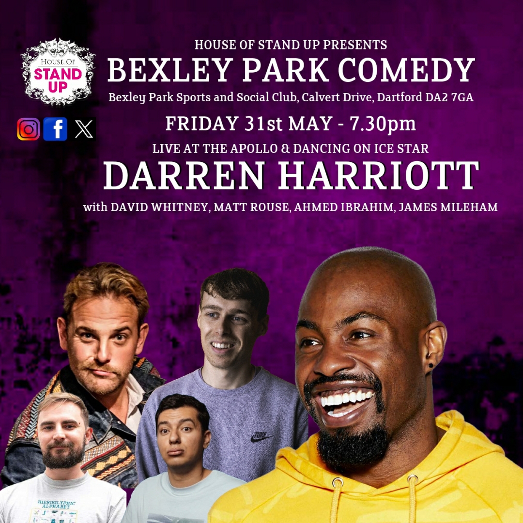 We're thrilled to announce that #LiveAtTheApollo and @dancingonice star, Darren Harriott, is headlining Bexley Park Comedy on 31 May at Bexley Park Sports & Social Club with an incredible supporting lineup
Book at houseofstandup.co.uk/dartford/ check out our No Booking Fee Option!