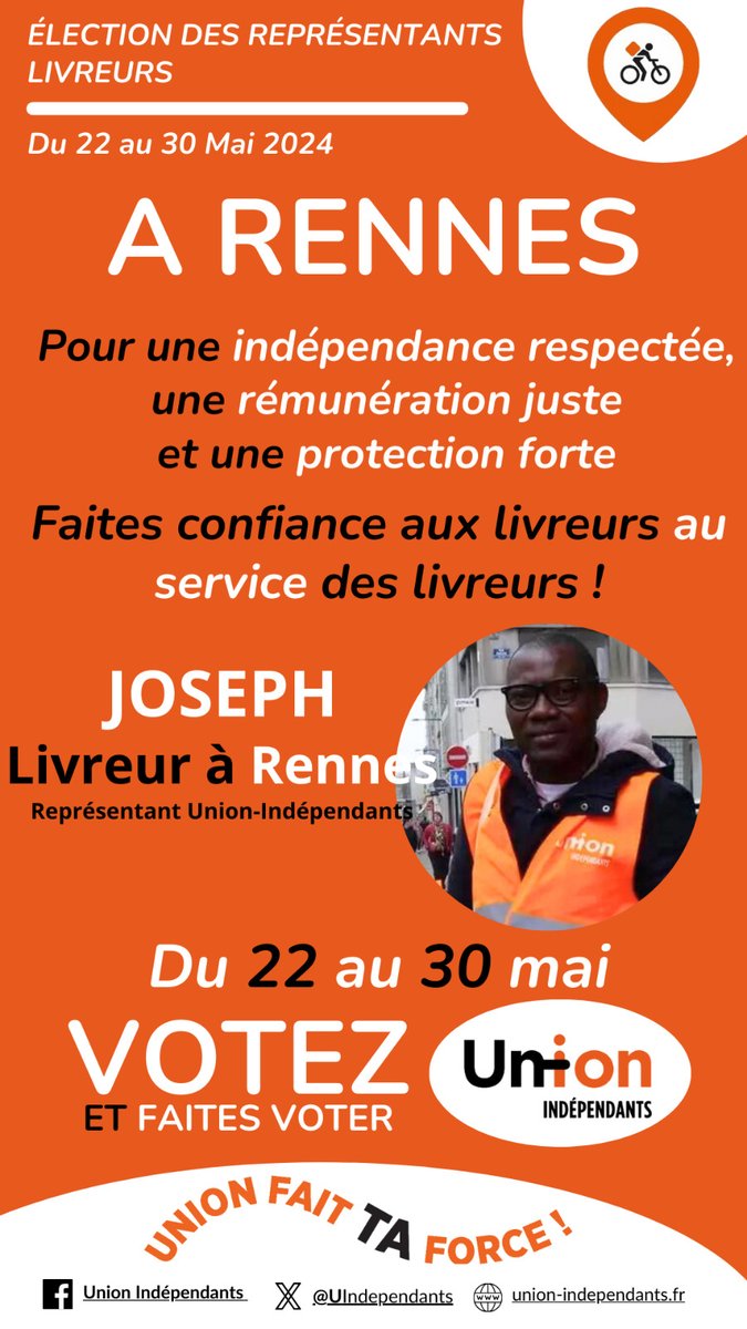 @Cab_35000 en proximité des livreurs à vélo🚴‍♂️ partout en Bretagne pour défendre leurs droits face aux plateformes et créer des droits nouveaux auprès des collectivités👋 avec le soutien de @CfdtBretagne alors votez et faîtes voter @UnionLivreurs du 22 au 30 mai