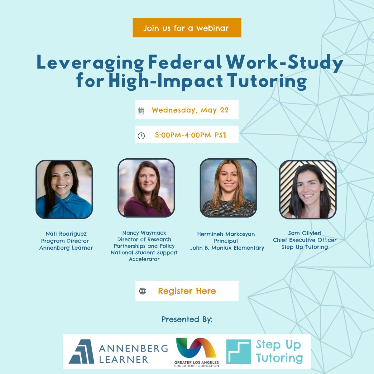 Join @Greaterlaedfund, @AnnLearner and @stepuptutoringg tomorrow 3pm PT/6pm ET for a webinar on leveraging Federal Work Study to provide high-impact tutoring in Schools. The webinar will feature our very own @nwaymack. Register here: calendly.com/stepup-tut/lev…