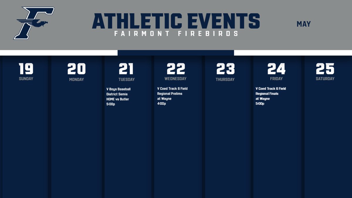 Firebird Athletics Weekly Schedule

Be sure to get out and support our student-athletes this week as they compete!

#WeAreFirebirds