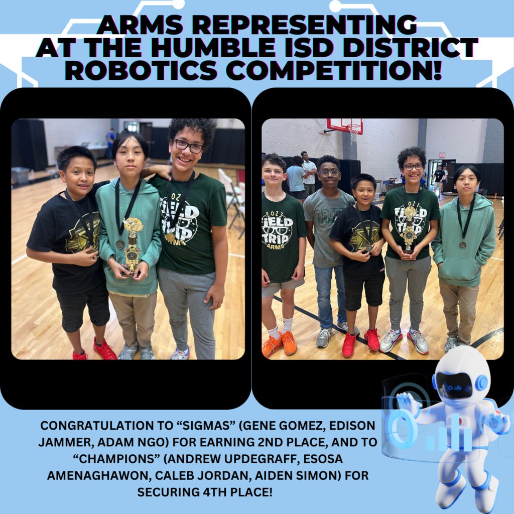 Congratulations to “Sigmas” (Gene Gomez, Edison Jammer, Adam Ngo) for earning 2nd place, and to “Champions” (Andrew Updegraff, Esosa Amenaghawon, Caleb Jordan, Aiden Simon) for securing 4th place at the Humble ISD District Robotics Competition! @HumbleISD