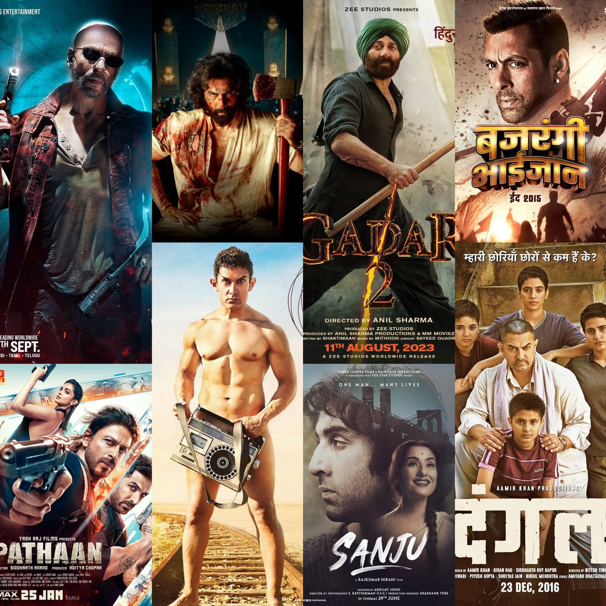 BIGGEST BLOCKBUSTERS OF HINDI CINEMA in Terms of Footfalls, ROI & Box Office collections. ( Last 10 Years ) ⭐️ #Jawan ( ₹ 643.87 Cr ) ⭐️ #Gadar2 ( ₹ 525.45 cr ) ⭐️ #Dangal ( ₹ 387.38 cr ) ⭐️ #PK ( ₹ 340.80 cr ) ⭐️ #BajrangiBhaiJaan ( ₹ 320.34 cr ) ⭐️ #Animal ( ₹