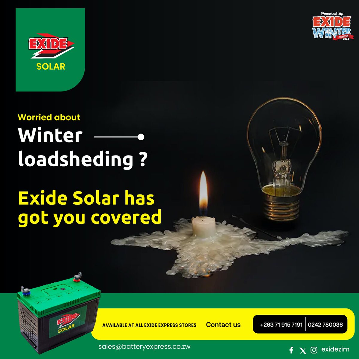 ExideZim's tweet photo. Enjoy amazing solar package deals from Exide during our ongoing winter promotion running from 1 May to 31 August 2024. Visit any Exide Express or Victor Onions shops near you.
#exidesolar #stayswitcheon
#winterpromotion2024
@KUDZIELISTER2 @Mavhure @EsteemComms @IdeasZaka https://t.co/EqMbHocpQu