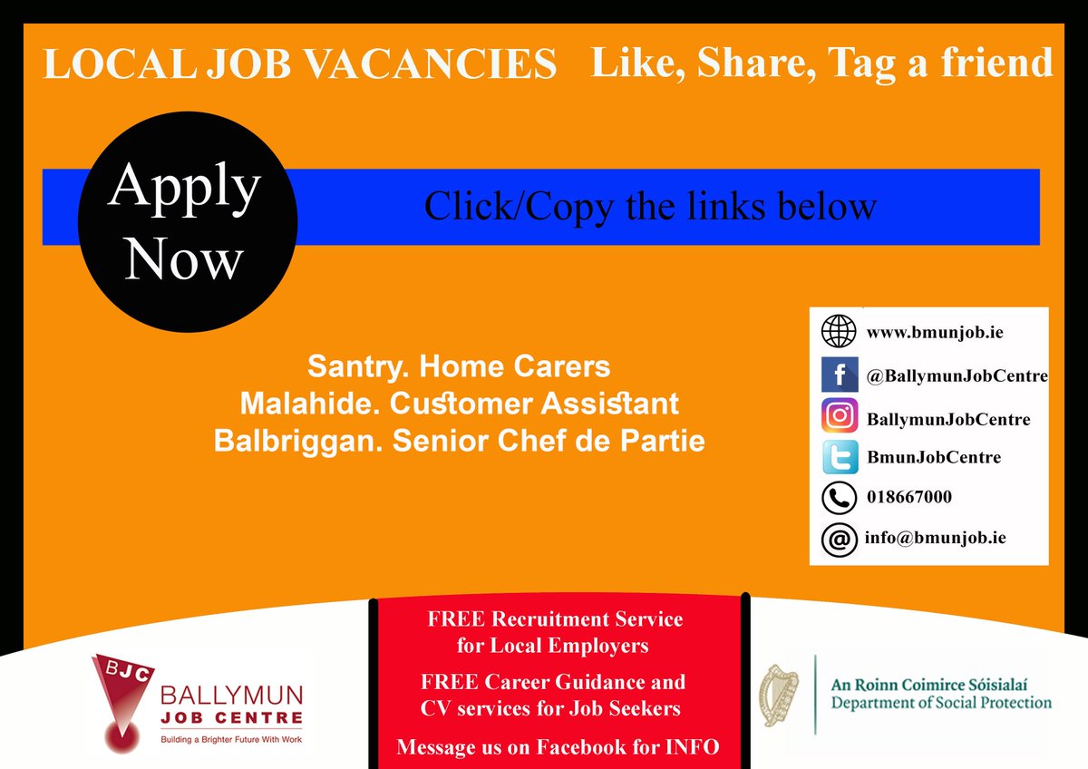 👉 Visit us at: Bmunjob.ie

Vacancies #bmunjob #jobfairy #dublinjobS
Santry. Home Carers
jobsireland.ie/en-US/job-Deta… 
Malahide. Customer Assistant
roi.tesco-careers.com/jobdetails/884…
Balbriggan. Senior Chef de Partie
jobsireland.ie/en-US/job-Deta…