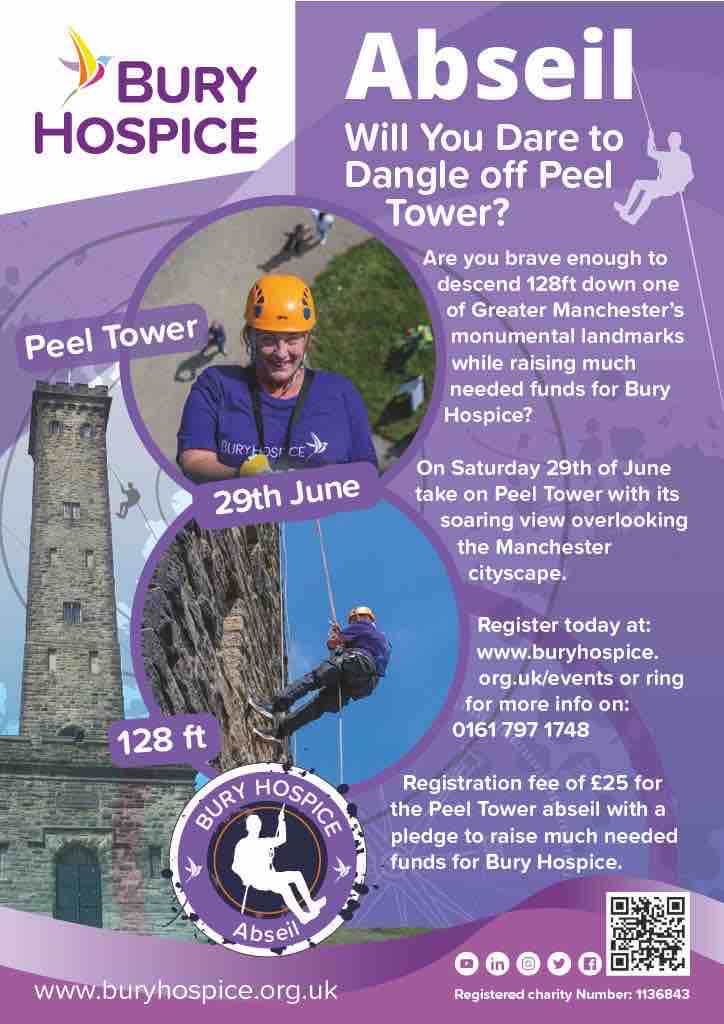This June the team at Bury Hospice are organising a charity abseil 128 ft straight down Peel Tower to raise much needed funds to help with the great work that they do. Do you dare to be #PartOfIt and dangle off the tower? Sign up here ⬇️ buryhospice.org.uk/events #BuryFC