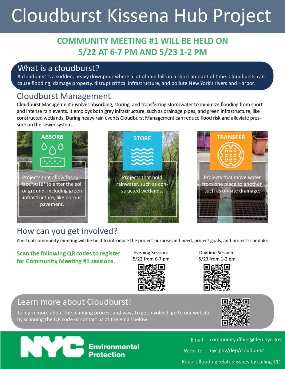 Learn more about the Cloudburst Kissena Hub Project at a virtual meeting hosted by @nycwater today from 1-2 PM. The project aims to minimize flooding in the neighborhood from short and intense rain events. Be sure to register in advance!