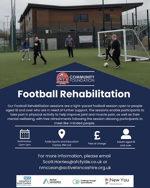 AFCFyldeFDN's tweet photo. 💪 We offer a 𝘍𝘰𝘰𝘵𝘣𝘢𝘭𝘭 𝘙𝘦𝘩𝘢𝘣𝘪𝘭𝘪𝘵𝘢𝘵𝘪𝘰𝘯 session every Wednesday!

📧 If you believe this would be beneficial to yourself or someone else, please email: scott.harries@afcfylde.co.uk

#AFCFyldeFoundation l @ActiveLancs l @WeAreLSCFT l @LancashireCSI https://t.co/stom0xz9DN