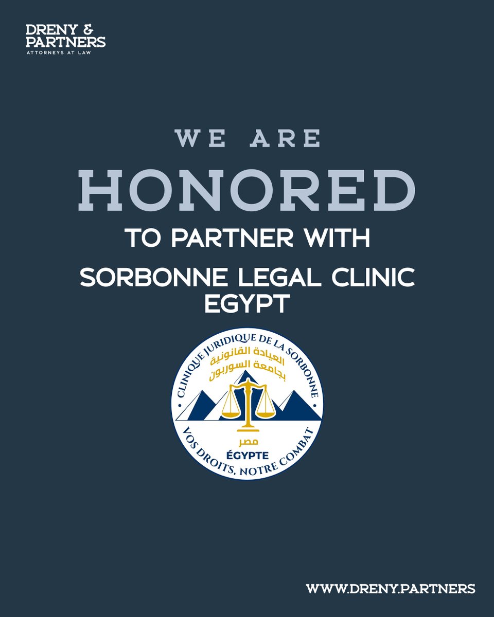 Dreny_Partners's tweet photo. We're thrilled to announce our partnership with the Sorbonne Legal Clinic Egypt, as part of our commitment to giving back &amp; fostering legal education. We will be offering our expertise to advise on cases and providing internship opportunities for students.
#drenyandpartners #CSR https://t.co/OYoXnSP4gu