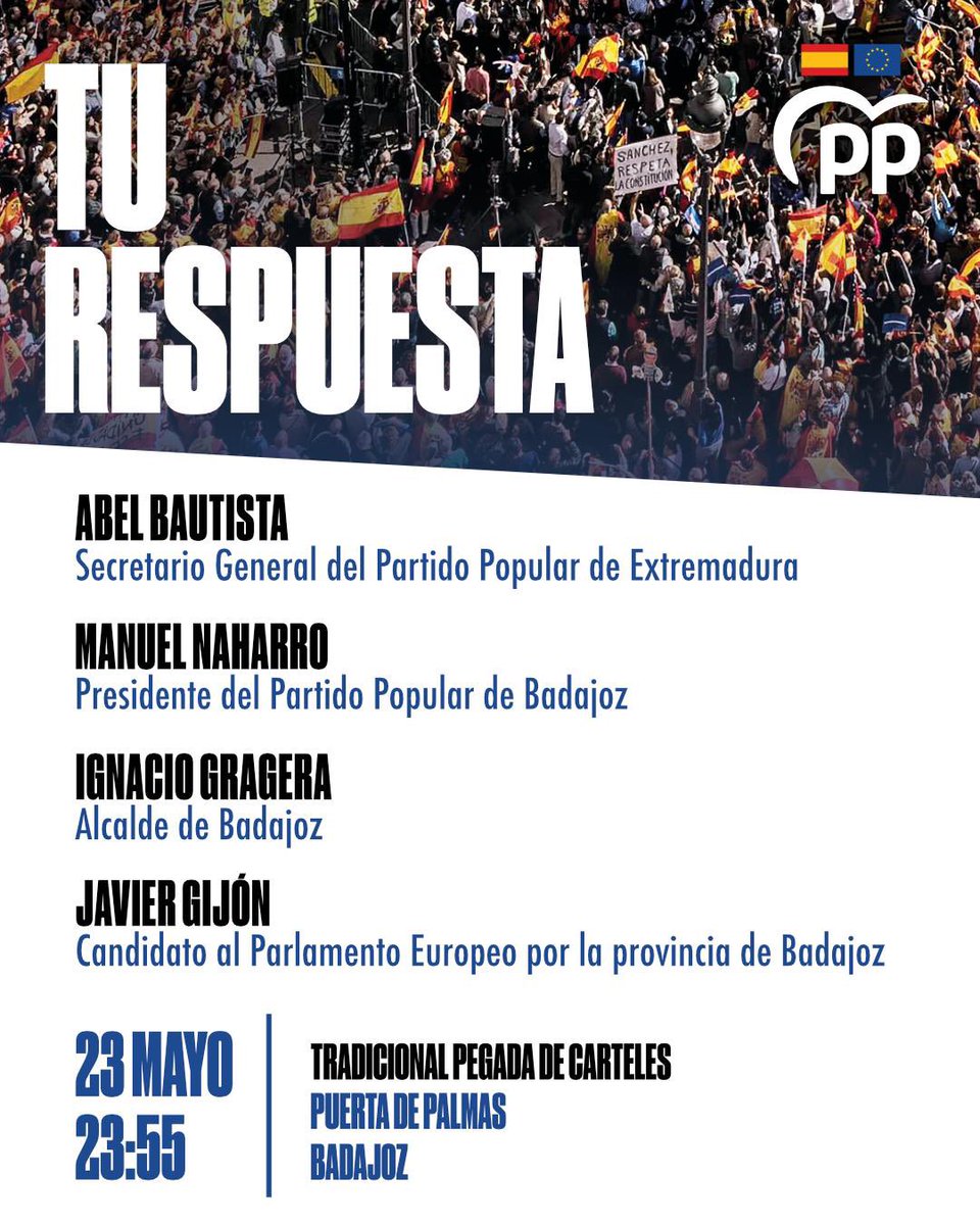 🔵 La noche del jueves 23 al viernes 24 te esperamos en Puerta de Palmas a las 23:55 horas para dar inicio a la campaña electoral con la tradicional pegada de carteles.