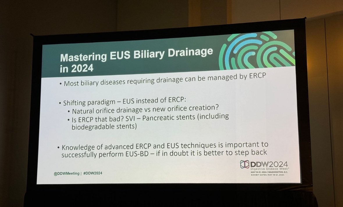 Fantastic talk by the #InterventionalEUS master himself - @m_arain1 on EUS guided biliary drainage ✅ Most biliary diseases requiring drainage can be managed by #ERCP ✅ You need knowledge of advanced ERCP techniques to perform #EUSBD #DDW2023 @DDWMeeting @ASGEendoscopy