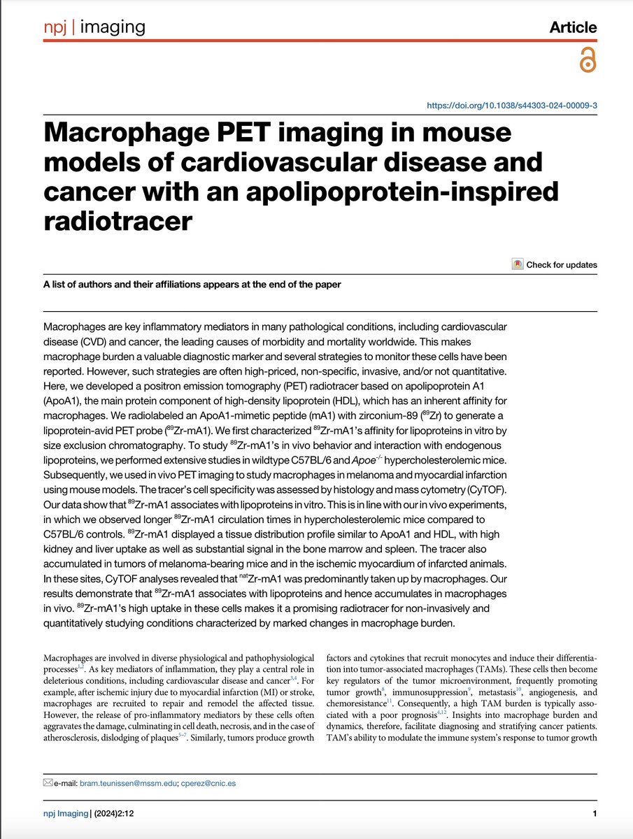 📢New paper published in #npjImaging @Nature_NPJ 'Macrophage PET imaging in mouse models of cardiovascular disease and cancer with an apolipoprotein-inspired radiotracer' from @mandyvanleent and colleagues @IcahnMountSinai @CNIC_CARDIO Open access and free to read below👇