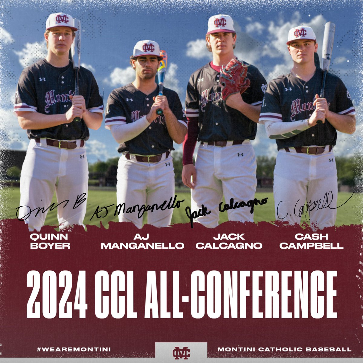 Montini Catholic Baseball (@montinibaseball) on Twitter photo It's award season once again.
Congratulations to our 4 CCL All-Conference selections for their incredible senior seasons!
C AJ Manganello (<a href="/AJManganello/">AJ Manganello</a>)
IF Cash Campbell (<a href="/CampbellCassius/">Cassius โCashโ Campbell</a>)
OF Quinn Boyer (<a href="/Quinnboyer15/">Quinn</a>)
SP Jack Calcagno (<a href="/jack_calcagno/">Jack Calcagno</a>) It's award season once again.
Congratulations to our 4 CCL All-Conference selections for their incredible senior seasons!
C AJ Manganello (<a href="/AJManganello/">AJ Manganello</a>)
IF Cash Campbell (<a href="/CampbellCassius/">Cassius โCashโ Campbell</a>)
OF Quinn Boyer (<a href="/Quinnboyer15/">Quinn</a>)
SP Jack Calcagno (<a href="/jack_calcagno/">Jack Calcagno</a>)
