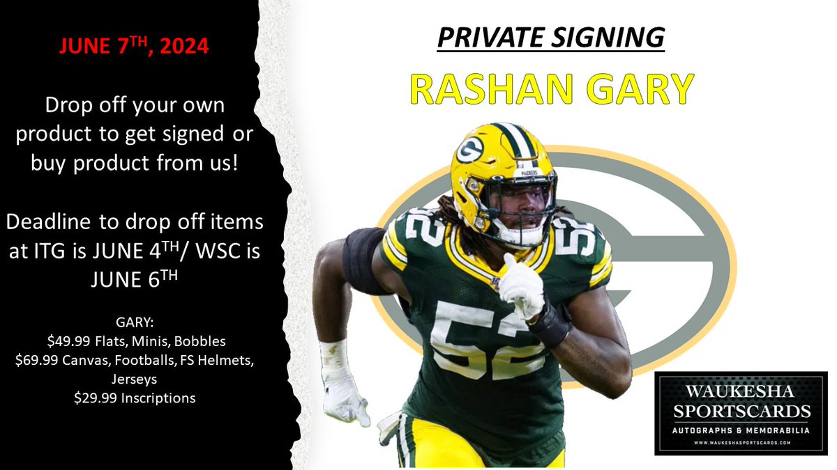 WSC Sports (@wauksports) on Twitter photo Just Announced! Private autograph signing w/ GB Packers Linebacker RASHAN GARY.
<a href="/wauksports/">WSC Sports</a> on June 7th
Deadline for mail order and drop offs: June 5th.
Info and Tickets available at: waukeshasportscards.com/default.asp
<a href="/packers/">Green Bay Packers</a> #Packers <a href="/RashanGarySport/">RG Sports</a> <a href="/MayfieldSport/">Mayfield Sports ๐</a> <a href="/Inthegameautos/">In the Game</a> Just Announced! Private autograph signing w/ GB Packers Linebacker RASHAN GARY.
<a href="/wauksports/">WSC Sports</a> on June 7th
Deadline for mail order and drop offs: June 5th.
Info and Tickets available at: waukeshasportscards.com/default.asp
<a href="/packers/">Green Bay Packers</a> #Packers <a href="/RashanGarySport/">RG Sports</a> <a href="/MayfieldSport/">Mayfield Sports ๐</a> <a href="/Inthegameautos/">In the Game</a>