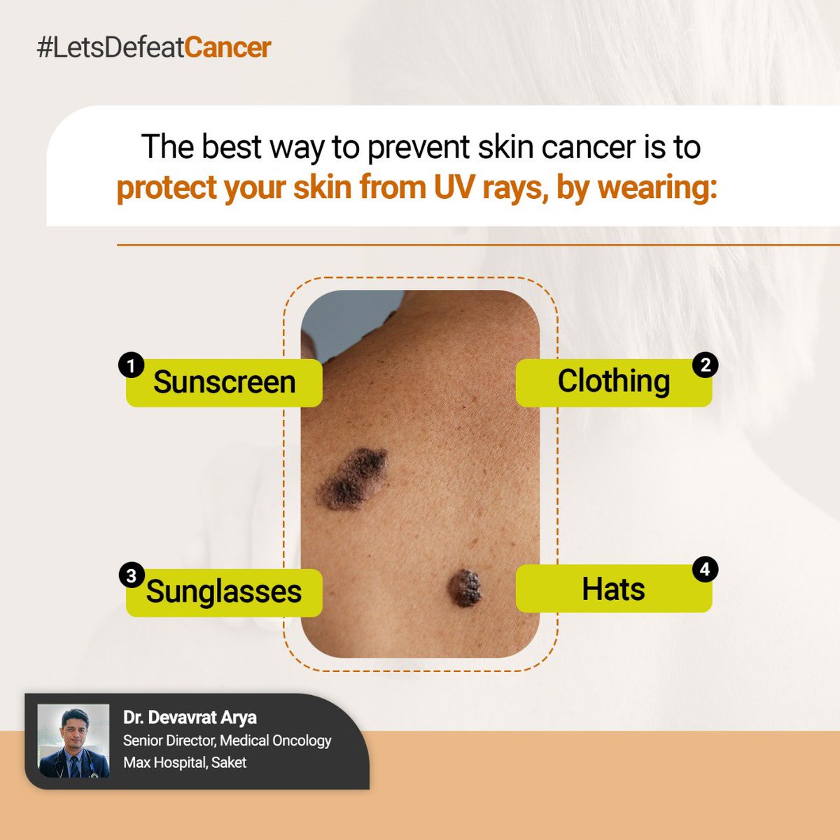 Protect your skin from UV rays to prevent skin cancer: wear sunscreen, seek shade, and cover up! ☀️🧴 

#SkinCancerPrevention #UVSafety #LetsDefeatCancer #DrDevavratArya #endcancer #letsfightcancertogether #LetsBeatCancer #cancerawareness #cancerprevention