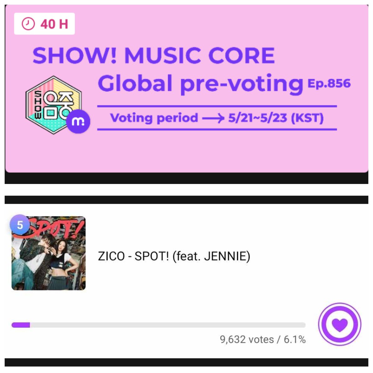 Prevote for Music Core (May 25) has now started. Please cast your votes for ‘SPOT! (feat. JENNIE)’ now and keep collecting daily for live voting (Max 5 votes : 150 heartbeats / account) on this Saturday. #BLACKPINK #JENNIE @oddatelier @BLACKPINK