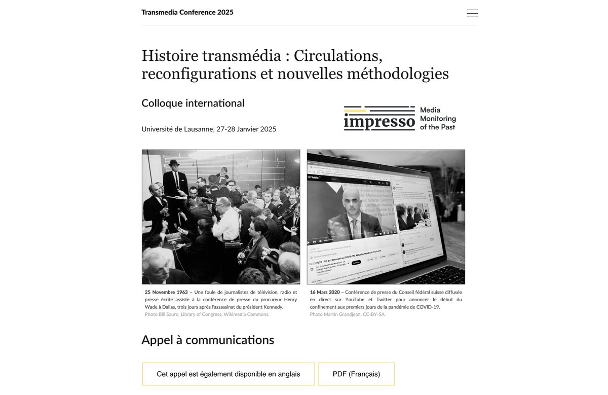 [AAC] 'Histoire transmédia : Circulations, reconfigurations et nouvelles méthodologies' impresso.github.io/transmedia/ 📰📱🎮📺📻🎙️📘💻📷🎥 Rejoignez-nous à Lausanne en janvier 2025 pour le premier colloque @ImpressoProject ! Date limite de l'appel : 15 juillet 2024