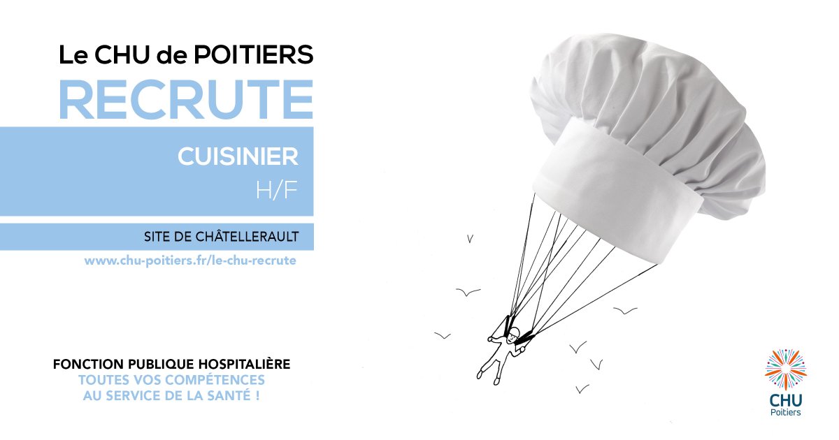 💼 #Recrutement | Le CHU de Poitiers recrute un #cuisinier (H/F) pour le site de #Châtellerault. ℹ️ CDD de 6 mois à temps plein ➡️ Voir l'offre : carrieres.candidatus.com/annonce-emploi… ➡️ Toutes nos offres d'emploi : chu-poitiers.fr/le-chu-recrute/