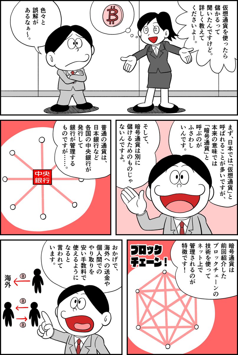 マンガで解説】 今さら聞けない「#仮想通貨」とは？ 1ビットコインが1100万円を記録し、 日本円で史上最高値を更新しました。 ビットコインに代表される、  ブロックチェーン技術を用いて、取引の安全性を確保する電子上の通貨「暗号通貨（仮想通貨）」。 その特徴や仕組み ...