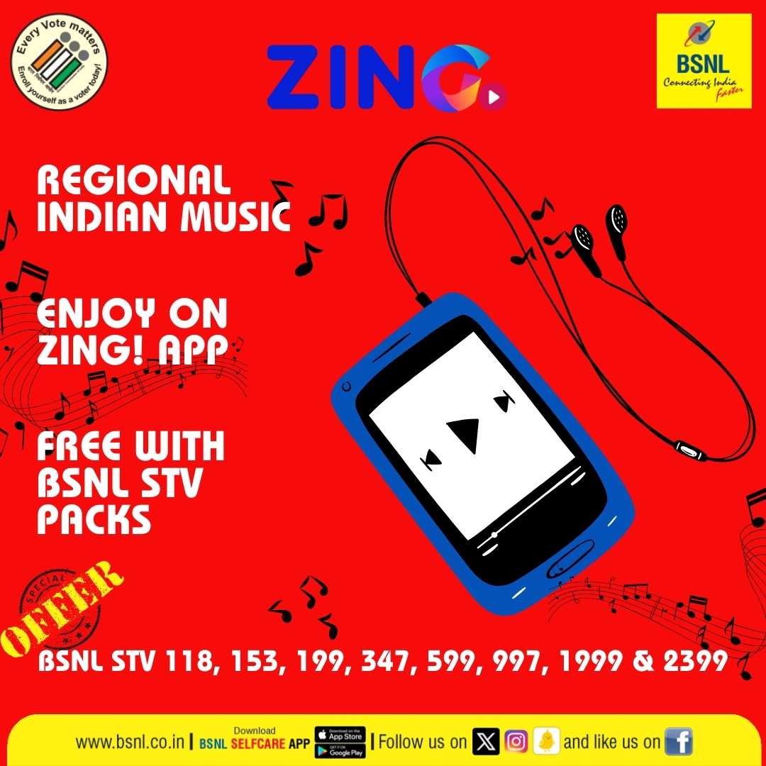 Unlock a world of regional entertainment with #Zing! Experience the rhythm of local music, the thrill of movies, and more with select #BSNL prepaid plans. Download #BSNLSelfcareApp Google Play: bit.ly/3H28Poa App Store: apple.co/3oya6xa #BSNLOnTheGo #DownloadNow