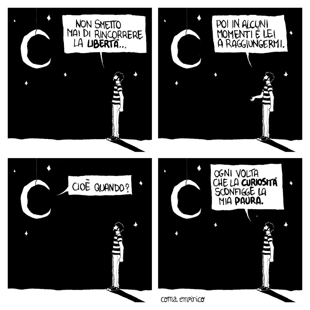 #repost #vignette #vignetta #striscia #strip #strisciaafumetti #fumetti #fumetto #biancoenero #luna #umano #libertà #curiosità #paura #comaempirico