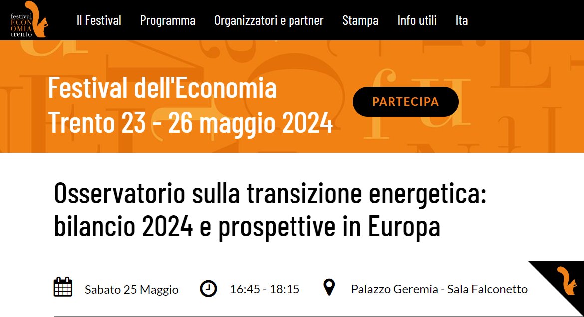 Sabato saremo al #FestivalEconomiaTrento, alle 16:45 inizia il panel ”Osservatorio sulla transizione energetica: bilancio 2024 e prospettive in Europa” che ospiterà l’intervento di @ReRebaudengo Partecipa in presenza oppure segui il Festival in streaming tinyurl.com/rj2ny2rc