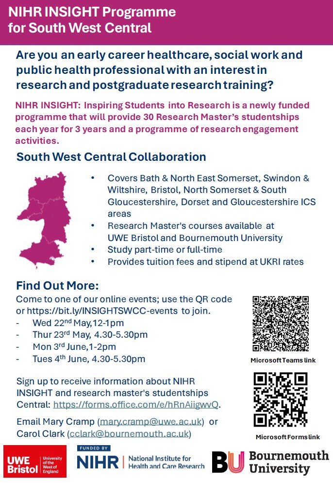 Leslie Gelling (@leslie_gelling) on Twitter photo Are you an early career healthcare, social work or PH professional & interested in studying for a funded MRes at <a href="/bournemouthuni/">Bournemouth Uni</a> or <a href="/UWEBristol/">UWE Bristol</a>. Join one of our online events for more details.
bit.ly/4dRr1ja
<a href="/Nursing_BU/">BU Nursing</a> <a href="/hss_bu/">HSS at BU</a> <a href="/UHD_NHS/">University Hospitals Dorset NHS Foundation Trust</a> <a href="/DorsetHealth/">Dorset HealthCare</a> <a href="/DCHFT/">Dorset County Hospital NHS Foundation Trust</a> #NIHRINSIGHT Are you an early career healthcare, social work or PH professional & interested in studying for a funded MRes at <a href="/bournemouthuni/">Bournemouth Uni</a> or <a href="/UWEBristol/">UWE Bristol</a>. Join one of our online events for more details.
bit.ly/4dRr1ja
<a href="/Nursing_BU/">BU Nursing</a> <a href="/hss_bu/">HSS at BU</a> <a href="/UHD_NHS/">University Hospitals Dorset NHS Foundation Trust</a> <a href="/DorsetHealth/">Dorset HealthCare</a> <a href="/DCHFT/">Dorset County Hospital NHS Foundation Trust</a> #NIHRINSIGHT