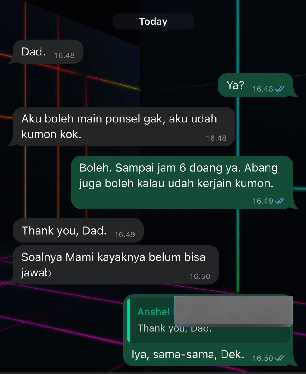 Walaupun gw dan Pandita Ratu sedang tidak ada di rumah, anak-anak akan tetap mengikuti aturan yang kami buat. Apakah mereka pernah cheating? Ya pernah. Tapi secara umum, ya mereka mengikuti aturan main.