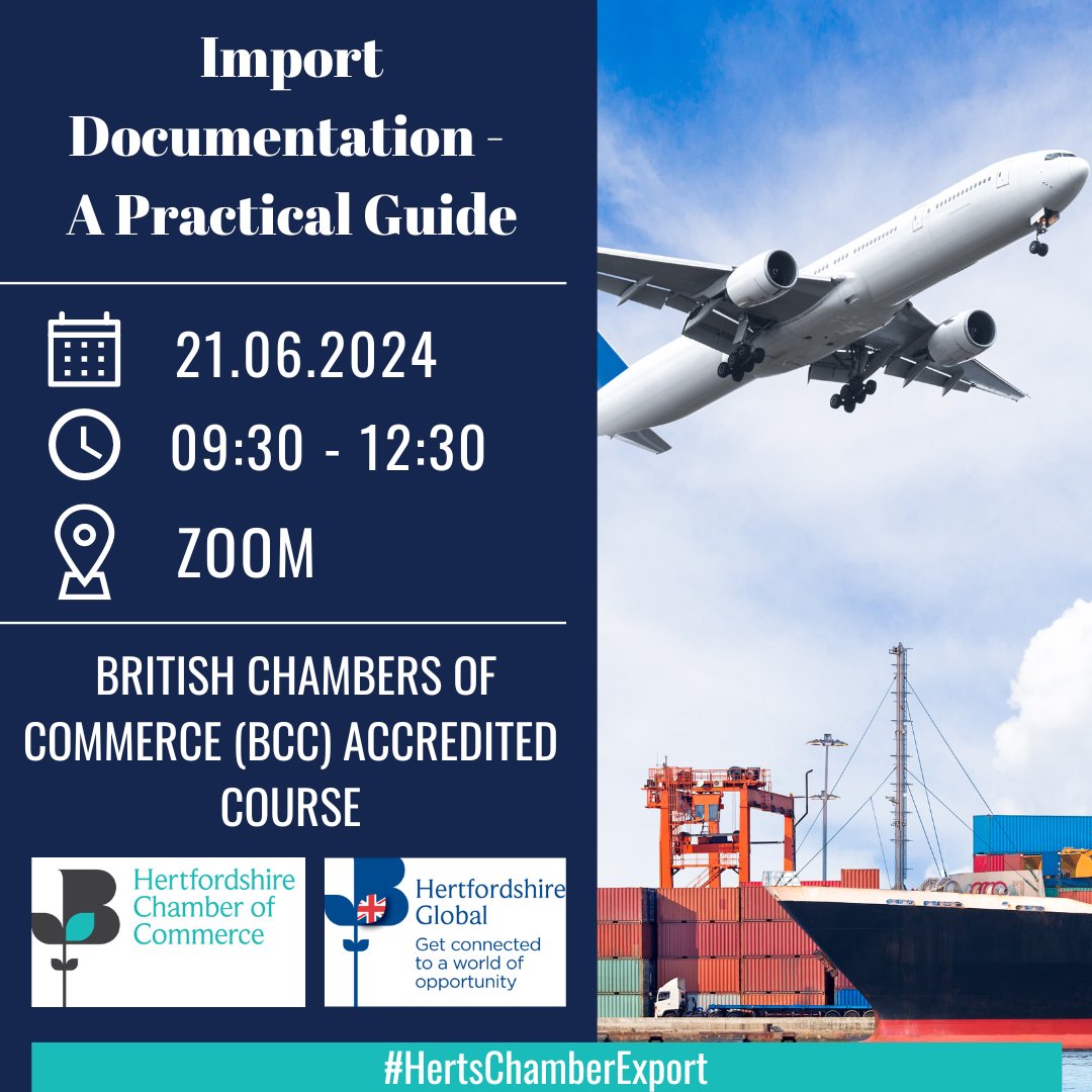 🛬 Import Documentation | Friday 21 June. If your business deals with imports, are you able to say you fully understand HMRC’s various rules and regulations? If not, this course is for you. my.hertschamber.com/calendar_detai… #HertsChamber100 #HMRC
