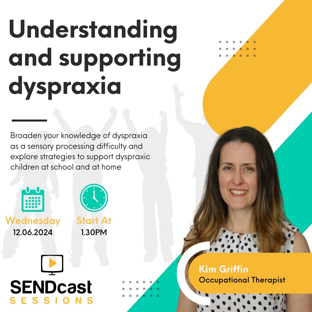 The SENDcast (@thesendcast) on Twitter photo We're thrilled to announce that our next SENDcast Session is with the brilliant Occupational Therapist Kim Griffin! 🤩
Kim will broaden your knowledge of dyspraxia & share support strategies - details here! 👇
ow.ly/I51a50RI4NY
<a href="/Griffin_OT/">Kim Griffin</a>
#dyspraxia #edutwitter We're thrilled to announce that our next SENDcast Session is with the brilliant Occupational Therapist Kim Griffin! 🤩
Kim will broaden your knowledge of dyspraxia & share support strategies - details here! 👇
ow.ly/I51a50RI4NY
<a href="/Griffin_OT/">Kim Griffin</a>
#dyspraxia #edutwitter