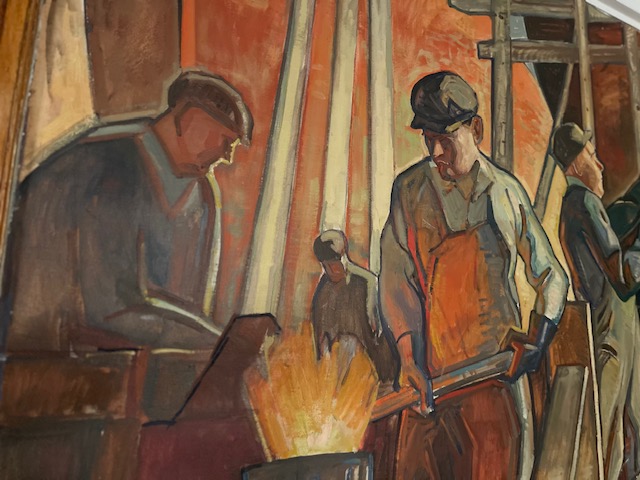 Our Federal Art Project murals are a treasure. This one, from Rockport-born W.Lester Stevens, depicts iron workers. The date is 1934. Come visit! #murals #WPA #history #Massachusetts