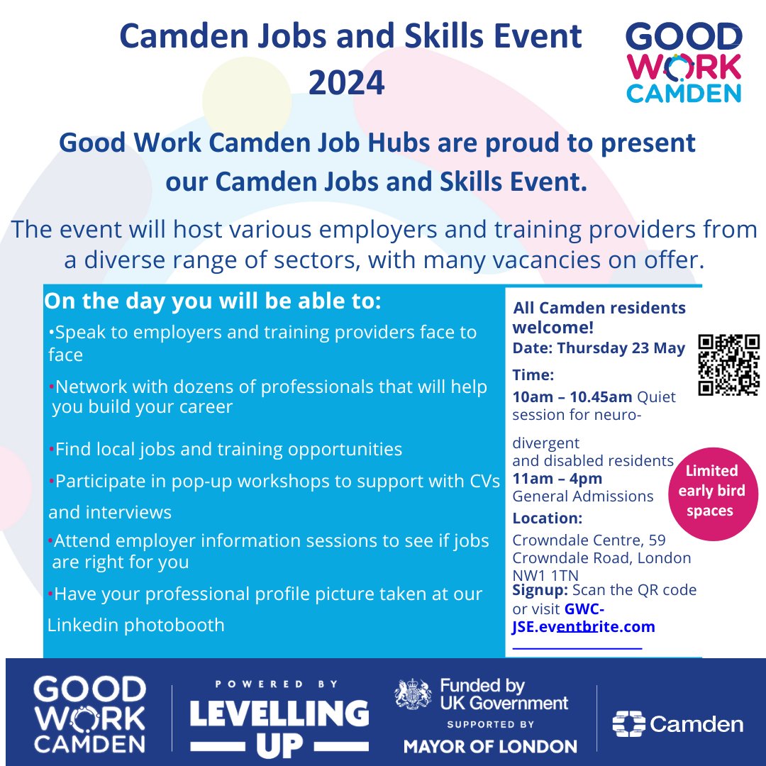 📢 Exciting news! Join us at the Camden Jobs and Skills Event 2024
🎉 Meet employers &amp; training providers from various sectors, explore job vacancies, &amp; network with professionals TO boost your career.
🌟 May 23rd, 10am - 4pm. At the Crowndale Centre, London
#jobsfair #careerfair