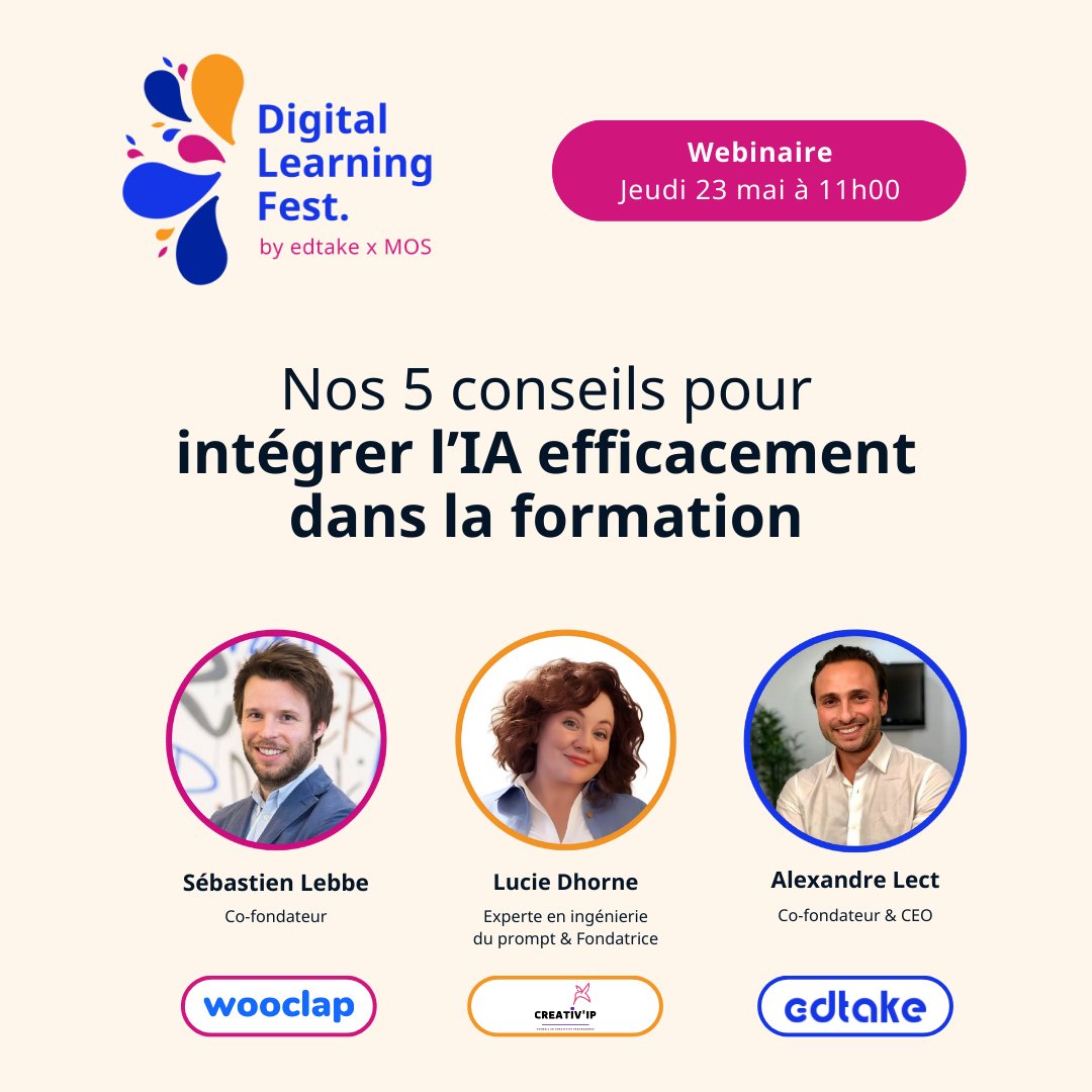 Wooclap (@wooclapfr) on Twitter photo 🌟 Plus que 2 jours avant le Digital Learning Fest ! 🌟
Êtes-vous prêts à plonger dans l'univers captivant de l'IA en formation ? Rejoignez-nous jeudi avec <a href="/SebastienLebbe/">Sébastien Lebbe</a>, <a href="/LucieDhorne/">U.cie creativity</a> et <a href="/AlexandreLect/">Alexandre Lect</a> pour une discussion passionnante !
Inscriptions 👉bit.ly/4dRib5l 🌟 Plus que 2 jours avant le Digital Learning Fest ! 🌟
Êtes-vous prêts à plonger dans l'univers captivant de l'IA en formation ? Rejoignez-nous jeudi avec <a href="/SebastienLebbe/">Sébastien Lebbe</a>, <a href="/LucieDhorne/">U.cie creativity</a> et <a href="/AlexandreLect/">Alexandre Lect</a> pour une discussion passionnante !
Inscriptions 👉bit.ly/4dRib5l