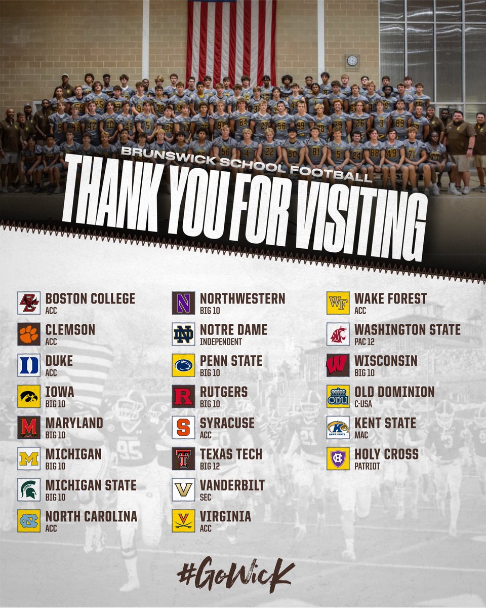 Coach_Wayne55's tweet photo. As the NCAA contact period & our academic school year comes to a close, we would like to take a moment to thank all of the coaches from these amazing universities for stopping by Brunswick to learn about/evaluate our student-athletes! #GoWick https://t.co/mNREuvuVEt