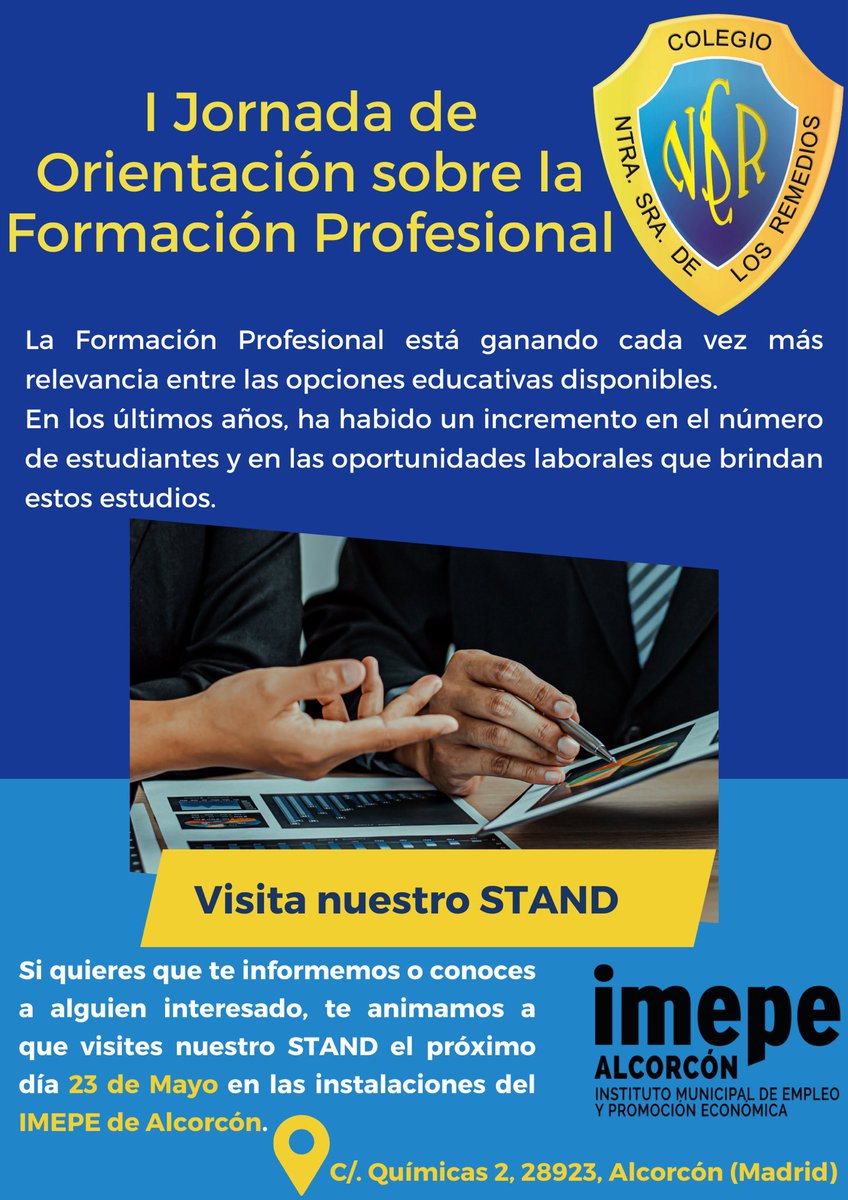 mariia_sms's tweet photo. El próximo jueves 23 de mayo de 9:00-14:00 nos encontraremos en el @ImepeAlcorcon para dar a conocer la oferta educativa de la Formación Profesional en el Colegio Nuestra Señora de los Remedios.

Os esperamos!! https://t.co/HGvy4N7jUO