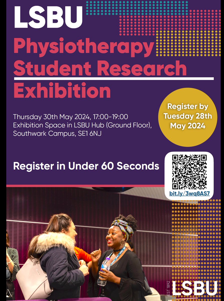 Institute of Health and Social Care (@lsbu_hsc) on Twitter photo We'd like to invite you to join us to see the fabulous work that our MSc year 2 physiotherapy students have done. Scan the barcode below to join us on the 28th May <a href="/londonahps/">@LondonAHPs</a> <a href="/RachelPicton2/">Rachel Picton</a> We'd like to invite you to join us to see the fabulous work that our MSc year 2 physiotherapy students have done. Scan the barcode below to join us on the 28th May <a href="/londonahps/">@LondonAHPs</a> <a href="/RachelPicton2/">Rachel Picton</a>