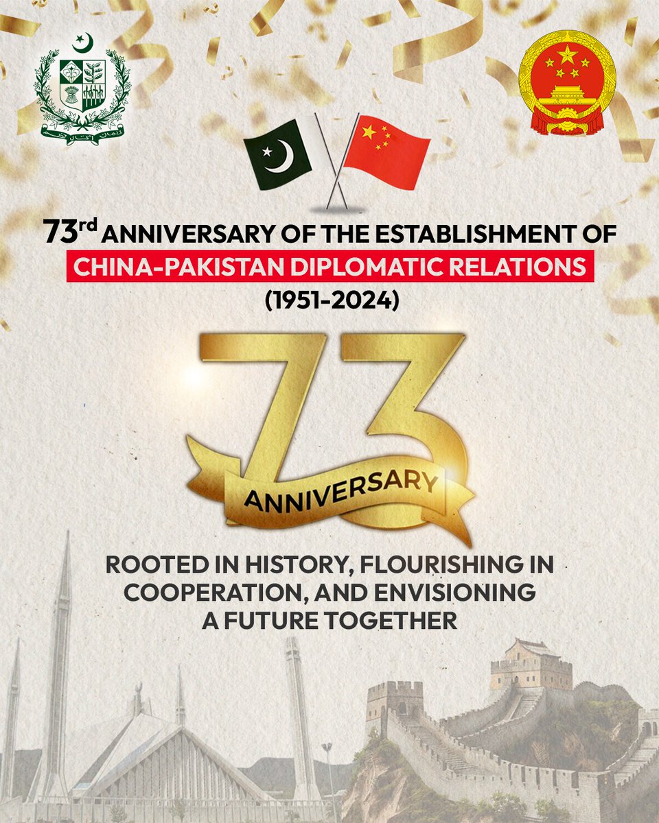1/2 Today marks the 73rd anniversary of the establishment of diplomatic relationship between China and Pakistan. In the past 73 years, we stayed together through thick and thin, and built the time tested ironclad friendship. @ForeignOfficePk