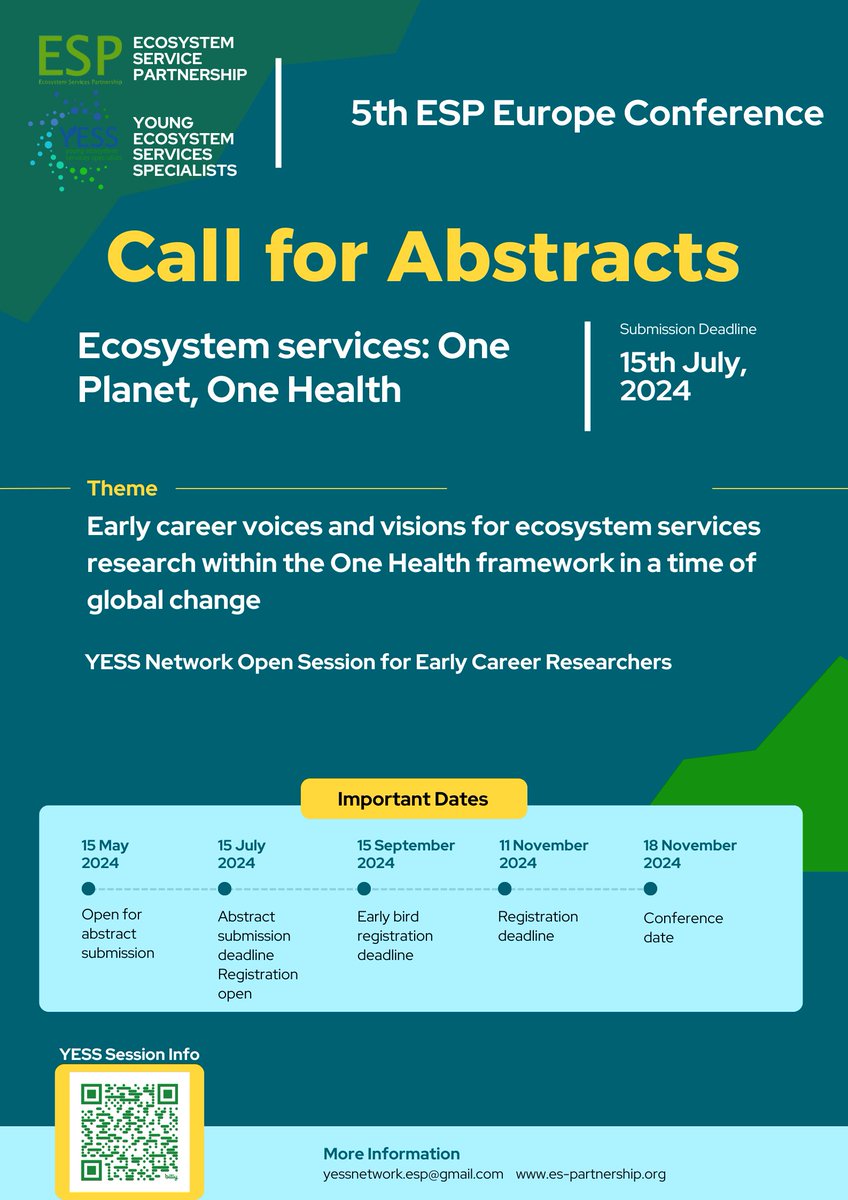 YESS is hosting a session at @ESPartnership 5th European Conference for Early Career Researchers! Session description: bit.ly/ESP2024-YESS The call for abstracts is here: bit.ly/ESPEU-CallforA… All works of ECRs related to ES can be considered!