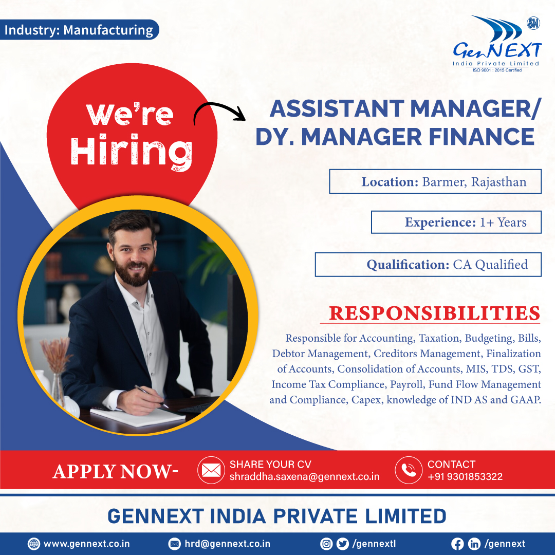 #UrgentHiring 💼📢🎯

Position: Assistant Manager/ Dy. Manager Finance
Location: Barmer, Rajasthan

#AssistantManager #Manager #Finance #Graduate #PostGraduate #hiringnow #jobsearching #jobsearch #hiringnow2024 #jobseekers #hr #jobopenings2024 #gennextjob #gennexthiring #GenNext