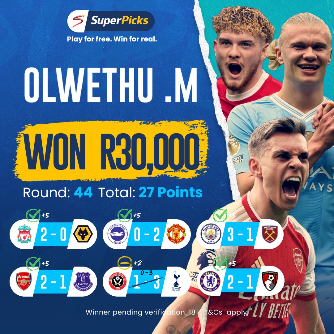 SuperPicksZA's tweet photo. All Sheffield had to do was score ONE goal for Olwethu to win our JACKPOT 😩

Congratulations to Round 4️⃣4️⃣ winner, Olwethu. M 🇿🇦on winning R30, 000💸

Go to https://t.co/pePKElHLgG &amp; submit your predictions! 🔮

 #SuperPicks #Jackpot https://t.co/BQOUQoRwYd