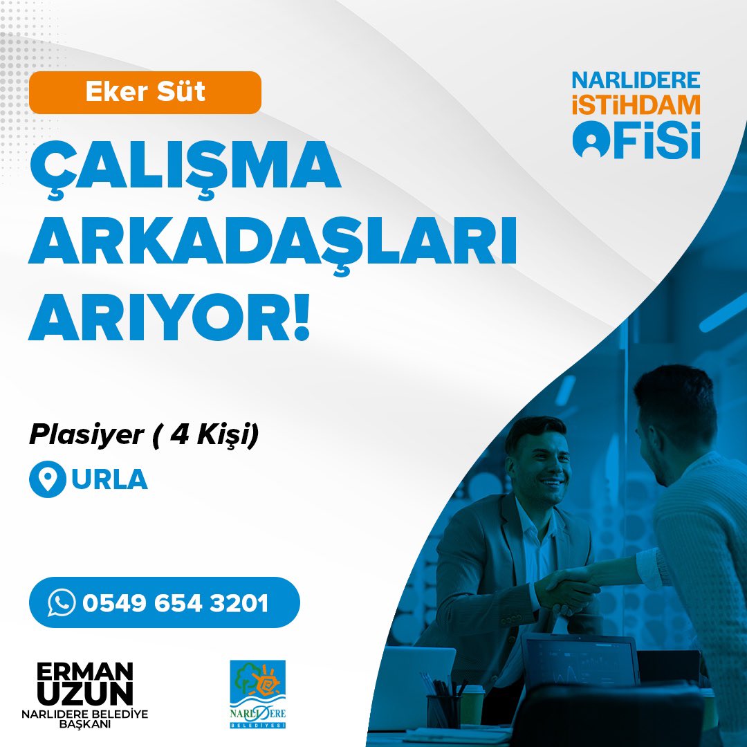 Narlıdere Belediyesi İstihdam Ofisi ile vatandaşlarımız ve özel sektör arasında köprü olmaya başlıyoruz. Firma adı: Eker Süt Yer: Urla İş tanımı: Plasiyerlik İletişim: 0549 654 3201