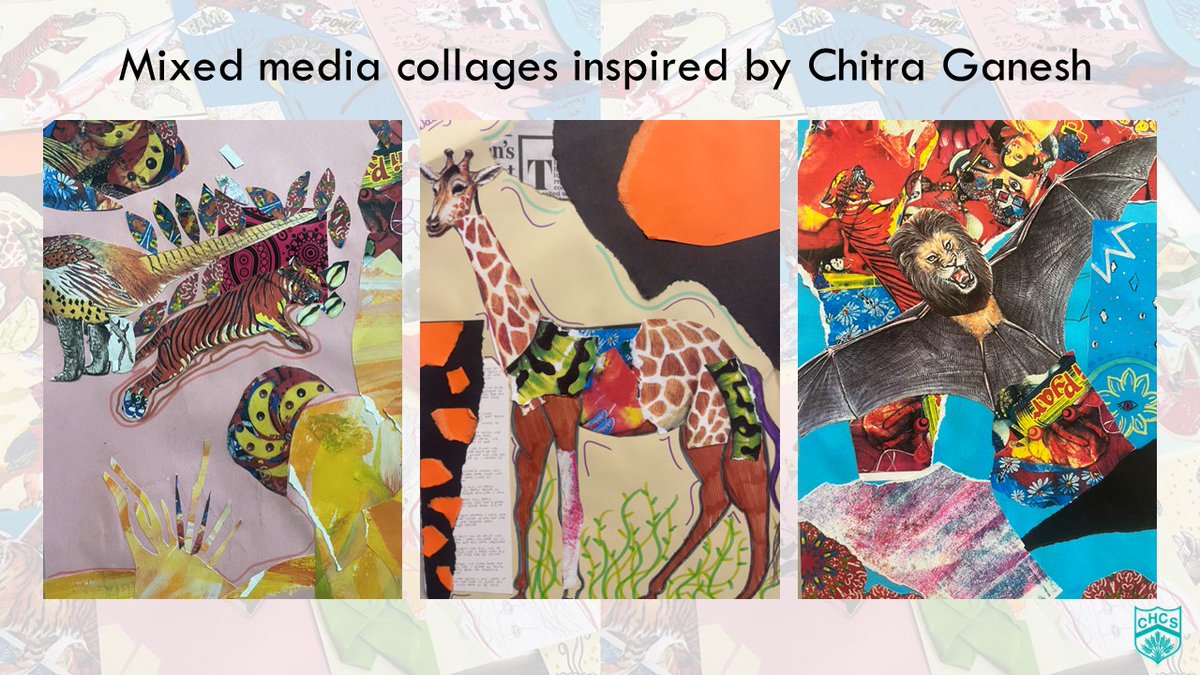 ColtonHillsCS's tweet photo. Recently, our Yr 8 pupils visited @newartgallery to see The World That Belongs to Us exhibition.  Inspired by Chitra Ganesh, they explored mixed media techniques to create animal hybrid images. They also did collages &amp; patterns using photos &amp; images influenced by Pamila Matharu. https://t.co/aMZd0gtVlV